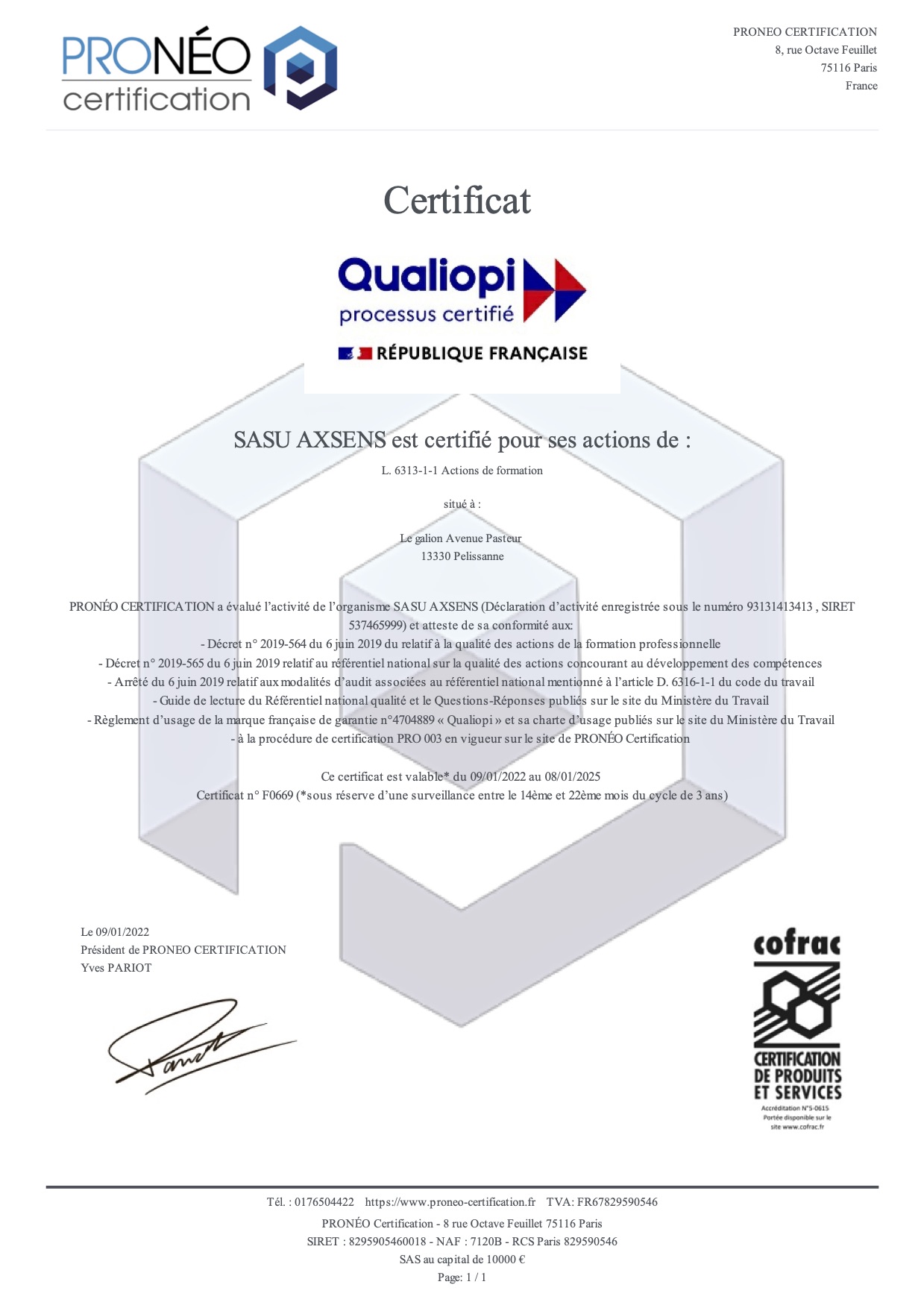 Certificat F0669